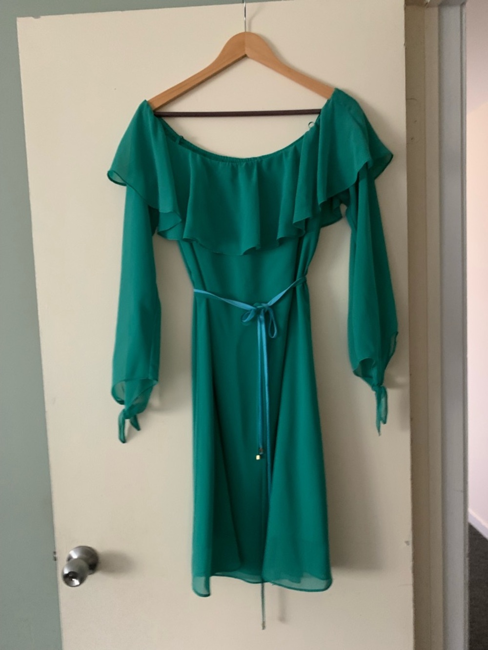 Sam Edelman Teal Off-Shoulder Ruffle Long Sleeve Dress